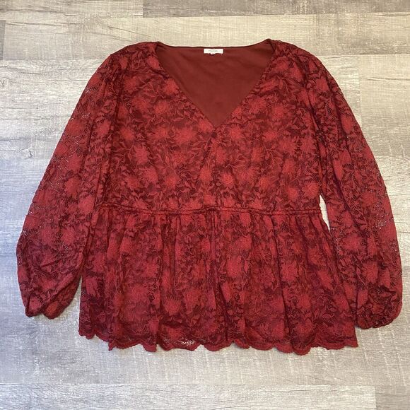 Maurices Woman’s 3X Red Lined Lace Gathered Waist Long Sleeve Blouse - Picture 9 of 9